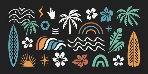 Tropical beach elements and surf culture icons in a flat design style on a black background © Pabitra