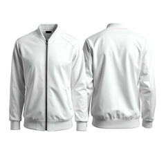 A two-perspective view of a white bomber jacket, front and back, isolated on black