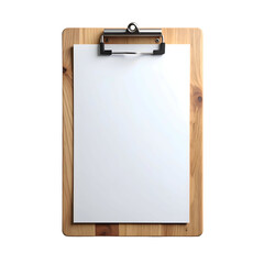 A blank white paper sheet clipped onto a wooden clipboard, viewed from above