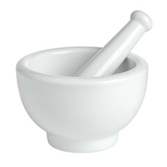 A white mortar and pestle sits, the pestle resting inside the bowl