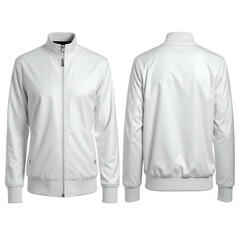 Front and back view of a white jacket with a zipper, high collar, and ribbed cuffs and hem
