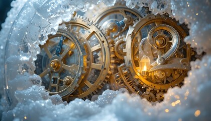 Golden clock gears encased in ice, faint warm light shining through, symbolizing the start of a new year.