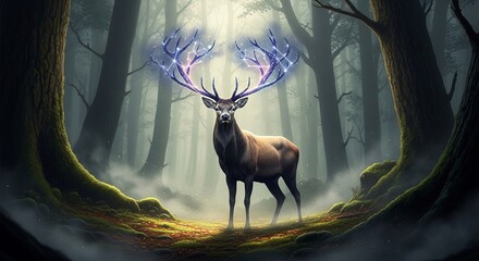 A captivating digital painting features a majestic deer with glowing antlers standing in a misty forest, creating a surreal and enchanting atmosphere