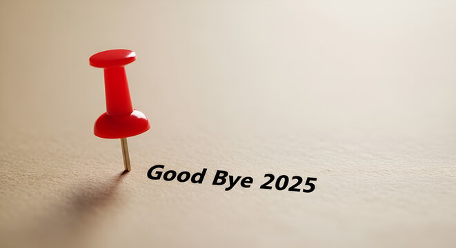 A red push pin marking the end of 2025, symbolizing the transition to a new year and the anticipation of future opportunities and challenges ahead, isolated on white background