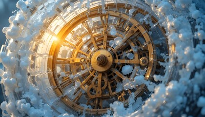 Golden clock gears encased in ice, faint warm light shining through, symbolizing the start of a new year.