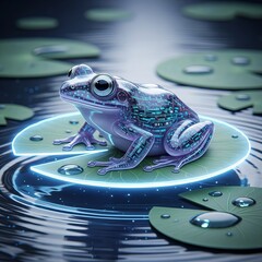 A futuristic frog sits on a lily pad, its skin shimmering with digital patterns, surrounded by water and glowing leaves in a serene pond