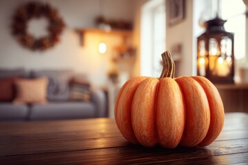 A cozy living room setting with a couple of pumpkins sitting on a table, creating a warm and inviting atmosphere.