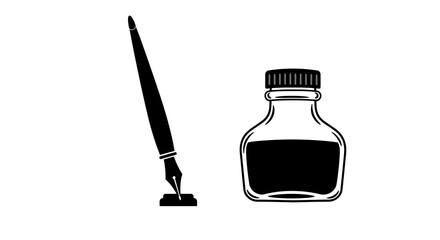 Fototapeta premium Elegant black and white fountain pen with ink bottle design