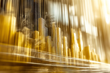 Abstract financial data visualization with golden bar charts. Digital business analytics interface showing investment performance with glowing elements creating modern technology concept.
