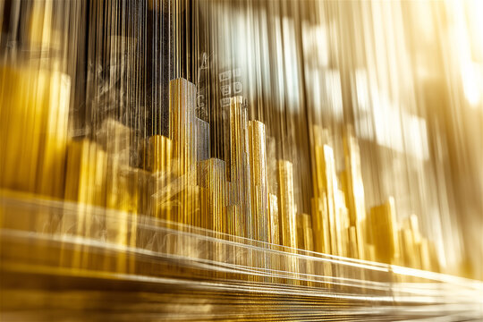 Abstract financial data visualization with golden bar charts. Digital business analytics interface showing investment performance with glowing elements creating modern technology concept.