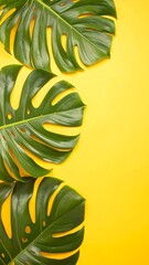 Tropical leaves arranged on a bright yellow background.  A vibrant display of lush greenery