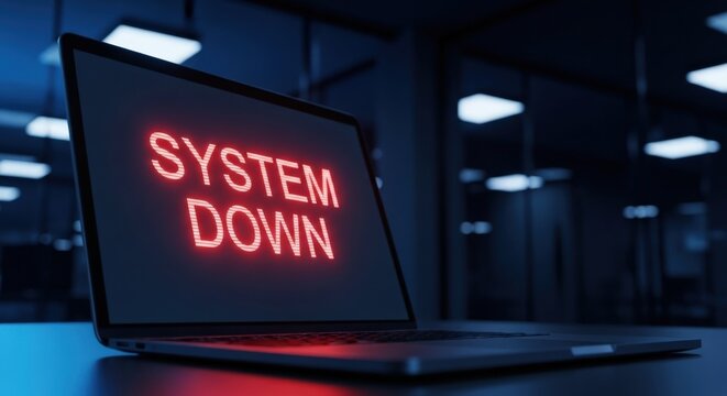 Red "SYSTEM DOWN" text glowing on laptop screen in darkened office interior space, low light, data failure. Computer Security Day, World Backup Day