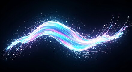 Abstract luminous wave with vibrant colors and sparkling particles on black.