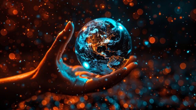 Futuristic hand holding earth with 5g chip and holographic cubes symbolizing technology and ai