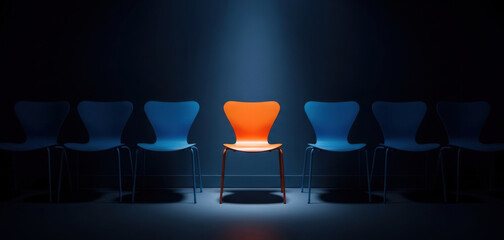 Modern orange chair brightly spotlighted in dark row against blue wall among companion seats. Recruitment, Job candidate interview, headhunting concept. Human Resources Day, Career Day. Panoramic