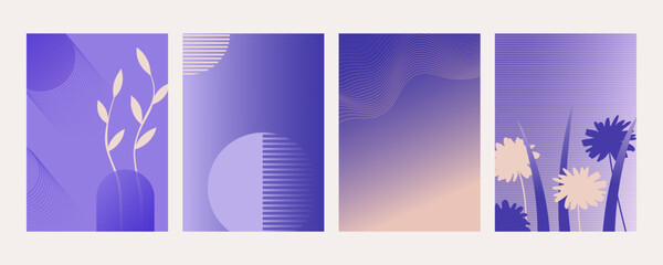 Set of gradient posters with abstract organic shapes. Modern backgrounds in purple and orange tones
