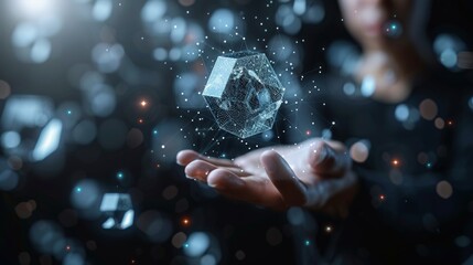 Futuristic concept of technology  hand grasping earth with 5g chip and holographic elements