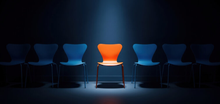 Modern orange chair brightly spotlighted in dark row against blue wall among companion seats. Recruitment, Job candidate interview, headhunting concept. Human Resources Day, Career Day. Panoramic