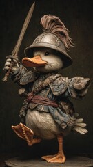 A valiant duckling clad in medieval armor, sword raised, ready for battle
