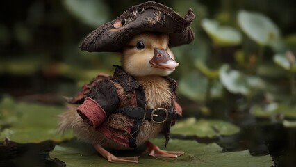 Adorable duckling dressed as a pirate stands on a lily pad with a focused, curious gaze