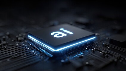Blue Glowing AI Text On A Dark Electronic Circuit Board With Macro Details And Futuristic Lighting