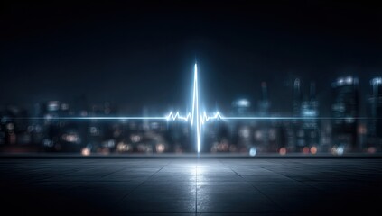 Blue Neon Electrocardiogram Heartbeat Monitor Pulse Line Glowing Against Blurred Night City Skyline Backdrop and Concrete Ground