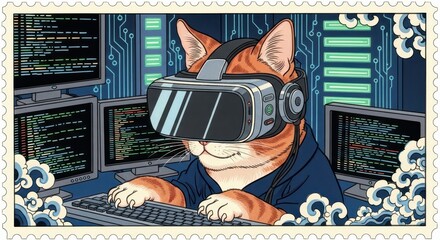 A cat wearing VR glasses, coding surrounded by computer screens, with a digital background