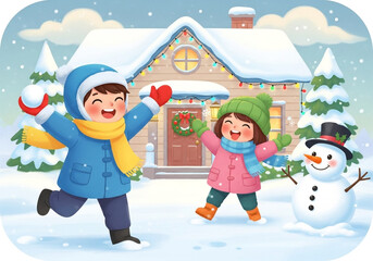 Fototapeta premium Joyful Children Playing in a Snowy Winter Wonderland During the Holiday Season, Building a Snowman and Enjoying Festive Outdoor Activities in Front of a Beautifully Decorated House