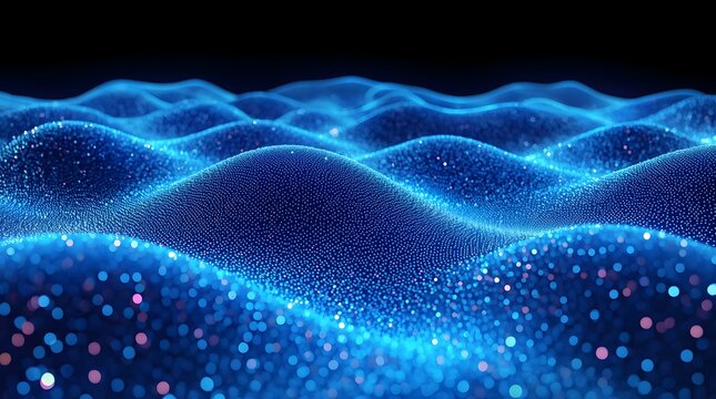 Glowing blue waves with scattered pink and purple particles ripple across a dark background, symbolizing quantum fields, data flow, and futuristic digital landscapes filled with motion and depth - Powered by Adobe