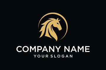Golden horse head in circle logo design 