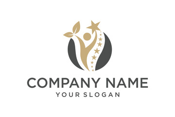 Human figure reaching for stars with leaves logo design vector 