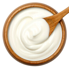 Overhead shot of creamy white yogurt in a wooden bowl with a wooden spoon