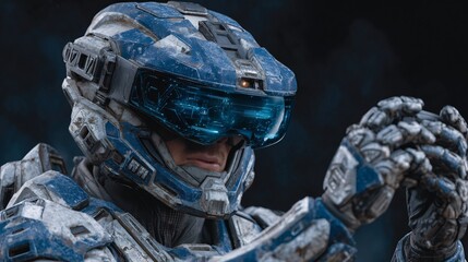 Fototapeta premium A futuristic soldier in blue and gray armor stands ready for battle, hands clenched in anticipation.