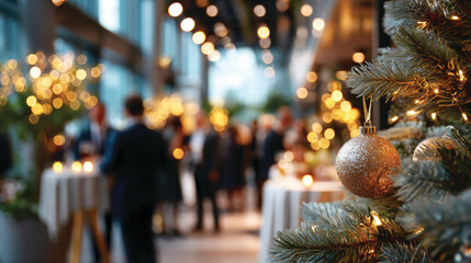Blurred shot of business people at Christmas holiday party in office center 
