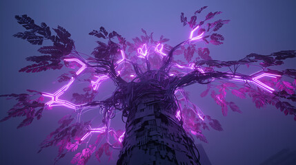Giant bioluminescent antenna grows from cracked concrete, resembling a glowing tree with vibrant branches