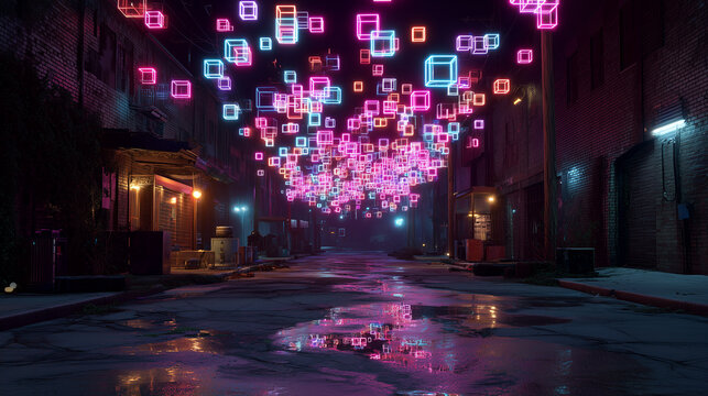 Neon-lit alley with floating cubes creating dynamic glitch patterns at night