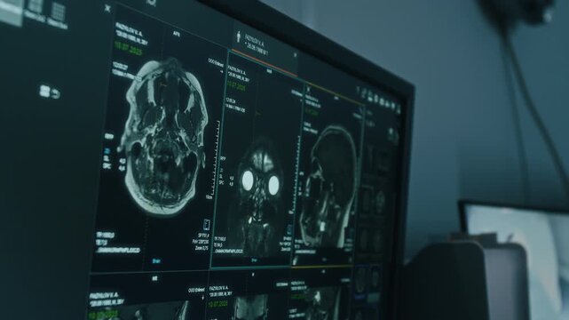 Close-up no people view of digital brain magnetic resonance image shown on computer screen in control room
