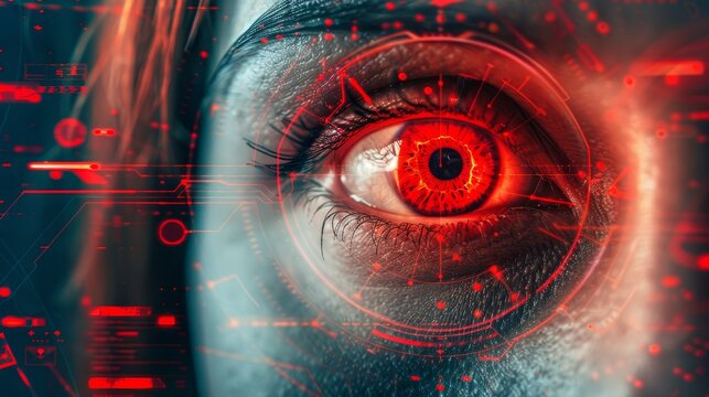 Futuristic biometric red eye scan with digital overlay for identity verification and surveillance