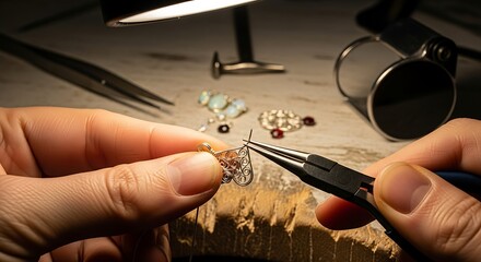 Artisan creating delicate filigree jewelry with precision tools under focused light showcasing craftsmanship