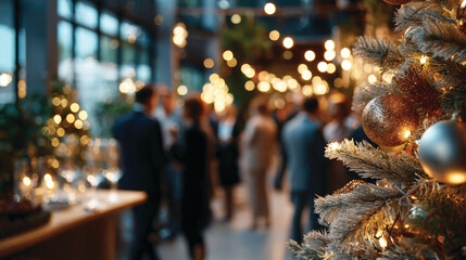 Blurred shot of business people at Christmas holiday party in office center 