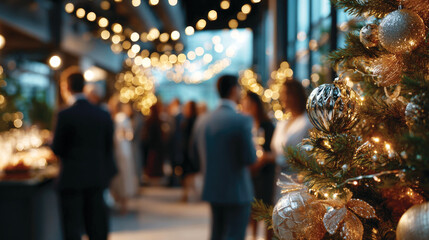 Blurred shot of business people at Christmas holiday party in office center 