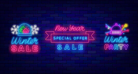 Winter party and sale neon labels collection. Happy New Year with ribbon frame. Vector stock illustration