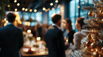 Blurred shot of business people at Christmas holiday party in office center 