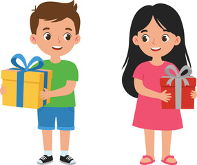 Children holding gifts, cartoon vector illustration, festive moment, birthday celebration, cheerful kids, colorful scene, happy expressions, flat design, cad drawing flat vector illustration