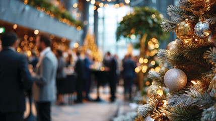 Blurred shot of business people at Christmas holiday party in office center 