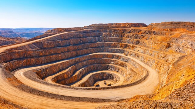 Open pit gold mine viewed from above with spiral road and trucks hauling material.