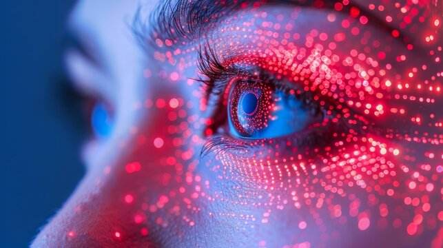 Futuristic identity verification  biometric red eye scan with red iris and digital interface concept