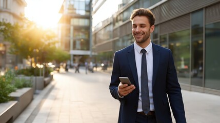 A confident businessman walking on a city street while using a smartphone, showcasing modern urban lifestyle and professional success.