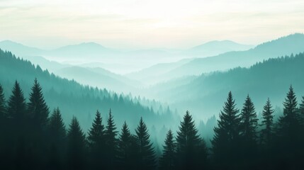 Fototapeta premium A beautiful forest landscape reveals enchanting misty mountains, illuminated by the soft glow of sunrise. This scene embodies tranquility and natural beauty, inviting you to a unique outdoor adventure