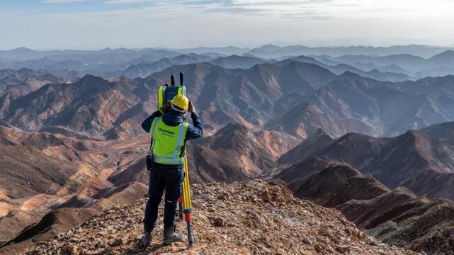 Medium shot of a geophysicist operating a magnetometer device over rocky terrain pinpointing ironrich mineral deposits for mining exploration.